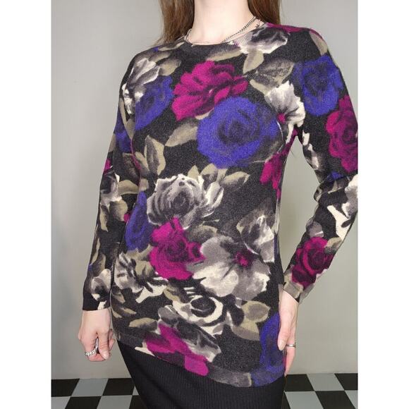 80s Vintage Lambswool Colorful Pink Blue Floral Fuzzy Long Sleeve Sweater Sz M - Picture 3 of 8